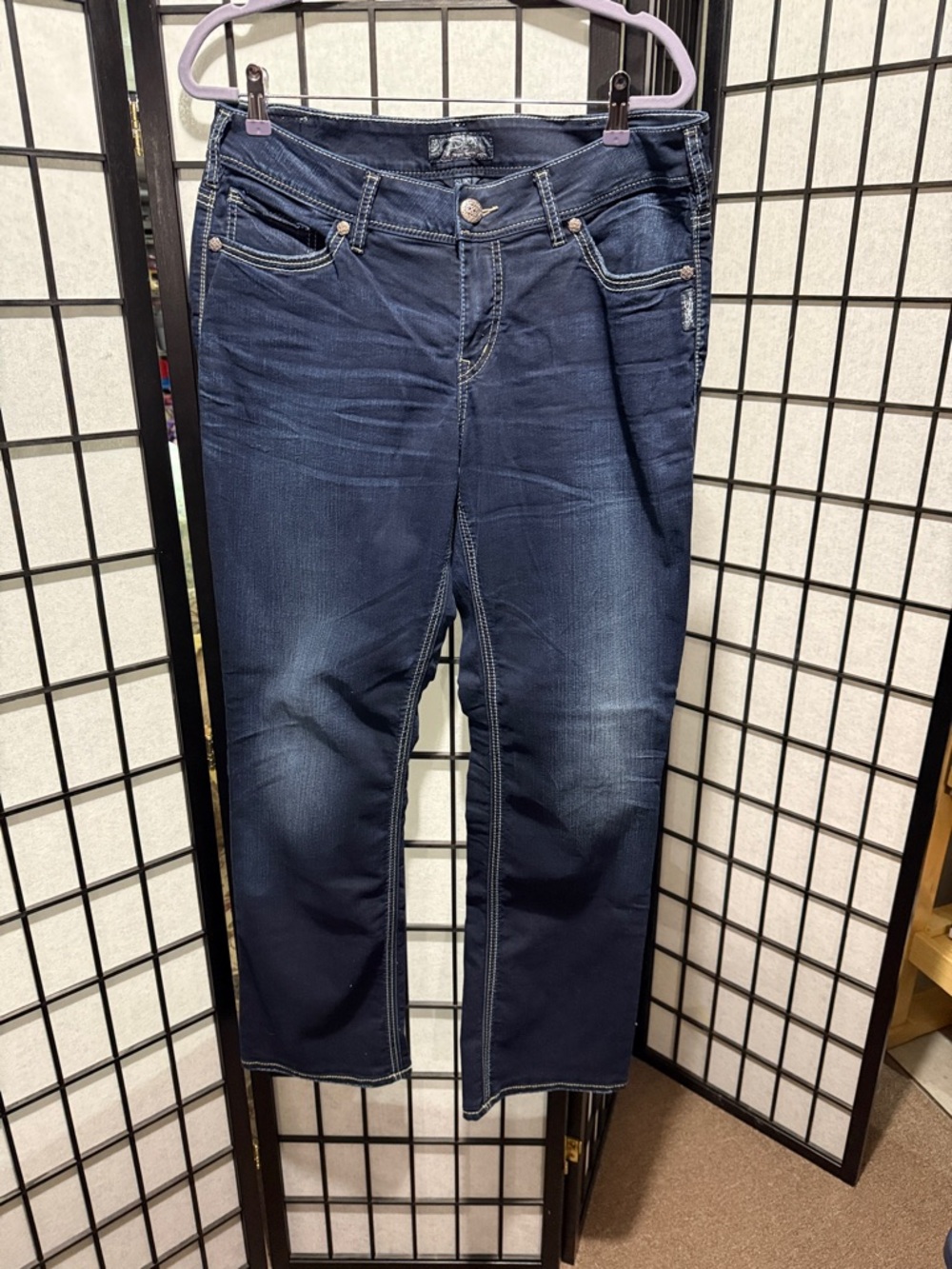 Silver Suki Jeans Dark Blue Flare Jeans, Size 14
